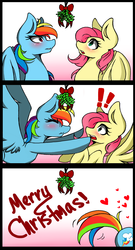 Size: 884x1636 | Tagged: safe, artist:kshame, fluttershy, rainbow dash, pegasus, pony, g4, blushing, christmas, female, heart, hip, lesbian, mare, mistletoe, ship:flutterdash, shipping