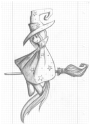Size: 5100x7015 | Tagged: safe, artist:benjik, trixie, pony, unicorn, g4, absurd resolution, broom, female, flying broomstick, graph paper, mare, monochrome, solo, traditional art