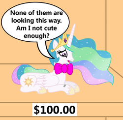 Size: 1177x1148 | Tagged: safe, artist:vincentthecrow, part of a set, princess celestia, g4, barcode, bowtie, bronybait, expensive, ponies for sale, price tag, sad