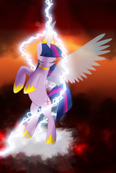 Size: 4724x7087 | Tagged: safe, artist:sergrus, twilight sparkle, alicorn, pony, g4, absurd resolution, artificial wings, ascension, augmented, eyes closed, female, lightning, magic, magic wings, mare, rearing, transparent wings, twilight sparkle (alicorn), wings