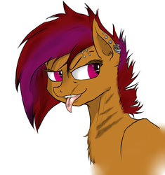 Size: 1024x1089 | Tagged: safe, artist:slouping, oc, oc only, unnamed oc, fallout equestria, ear piercing, eyebrow piercing, female, helix piercing, looking back, mare, piercing, raider, scar, tongue out, tongue piercing