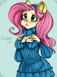 Size: 886x1200 | Tagged: safe, artist:yukomaussi, fluttershy, equestria girls, g4, boob window, breasts, busty fluttershy, cleavage, clothes, female, keyhole turtleneck, open-chest sweater, solo, sweater, sweatershy, turtleneck, wondercolts