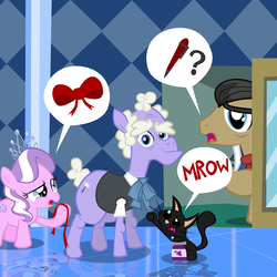 Size: 1653x1653 | Tagged: safe, artist:magerblutooth, diamond tiara, filthy rich, randolph, oc, oc:dazzle, cat, g4, bow, butler, jam, pen, reflection