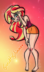 Size: 582x941 | Tagged: safe, artist:mojot, edit, sunset shimmer, human, equestria girls, g4, barefoot, breasts, busty sunset shimmer, cute, feet, female, happy, heart eyes, humanized, shimmerbetes, solo, toes, wingding eyes