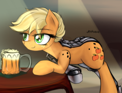 Size: 9398x7200 | Tagged: safe, artist:jetwave, applejack, cyborg, pony, g4, absurd resolution, alternate hairstyle, amputee, appleborg, bedroom eyes, cider, female, mug, prosthetic limb, prosthetics, solo, story in the comments, table, tankard