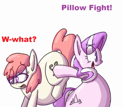 Size: 780x682 | Tagged: safe, artist:secretgoombaman12345, diamond tiara, twist, earth pony, pony, ask chubby diamond, g4, butt touch, chubby, fat, female, filly, foal, hoof on butt, impending butt-pomf, obese, pillow fight