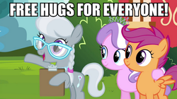 Size: 890x500 | Tagged: safe, diamond tiara, scootaloo, silver spoon, g4, caption, cute, diamondbetes, image macro, meme, silverbetes