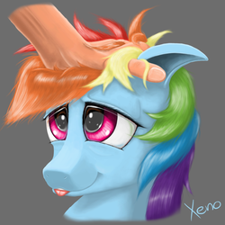 Size: 1280x1280 | Tagged: safe, artist:the1xeno1, rainbow dash, human, pony, g4, :p, cute, dashabetes, female, floppy ears, fluffy, hand, petting, smiling, solo, tongue out