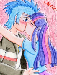 Size: 785x1017 | Tagged: safe, artist:the1king, flash sentry, twilight sparkle, human, equestria girls, g4, female, humanized, kiss on the lips, kissing, male, ship:flashlight, shipping, straight, traditional art