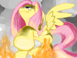 Size: 1600x1200 | Tagged: safe, artist:asclearascrystal, fluttershy, pony, g4, evil, evil smile, female, fire, flutterbitch, giant pony, giantess, giantshy, hilarious in hindsight, macro, raised hoof, solo