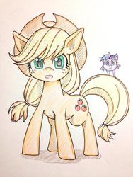 Size: 600x800 | Tagged: safe, artist:nazonazopowerfu, applejack, twilight sparkle, earth pony, pony, unicorn, g4, applejack's hat, cowboy hat, female, hat, looking at you, mare, open mouth, pixiv, traditional art, wat