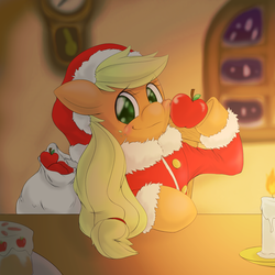 Size: 1000x1000 | Tagged: safe, artist:ushiro no kukan, applejack, g4, apple, clothes, female, pixiv, santa costume, solo