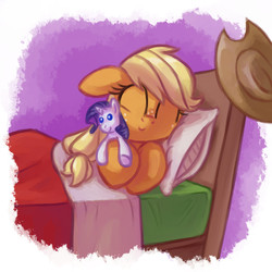 Size: 2000x2000 | Tagged: safe, artist:verulence, applejack, rarity, pony, unicorn, g4, bed, cute, daaaaaaaaaaaw, eyes closed, female, high res, implied lesbian, implied rarijack, implied shipping, jackabetes, plushie, sleeping, smiling, solo, style emulation