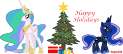Size: 1489x658 | Tagged: safe, artist:roger334, princess celestia, princess luna, g4, christmas, christmas tree, group, hearth's warming, present, simple background, transparent background, tree