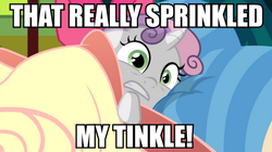 Size: 895x500 | Tagged: safe, edit, edited screencap, screencap, sweetie belle, pony, unicorn, g4, bed, caption, female, filly, image macro, implied bedwetting, implied pissing, implied watersports, implied wetting, meme, pillow, scared, sweetie belle's nightmare