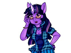 Size: 1600x1200 | Tagged: safe, artist:yukomaussi, twilight sparkle, anthro, g4, clothes, female, glasses, magic, solo