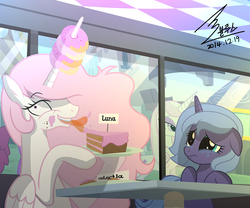 Size: 3401x2834 | Tagged: safe, artist:bluse, berry punch, berryshine, fleur-de-lis, princess celestia, princess luna, alicorn, pony, unicorn, g4, bitchlestia, cake, cakelestia, crying, cute, donut, female, filly, floppy ears, frown, high res, licking, lunabuse, misspelling, open mouth, pink-mane celestia, pure unfiltered evil, sad, show accurate, smiling, tongue out, trollestia, wide eyes, woona, woonabuse