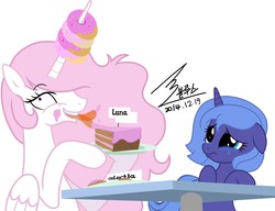 Size: 900x690 | Tagged: safe, artist:bluse, princess celestia, princess luna, alicorn, pony, g4, background removed, cake, cakelestia, crying, cute, donut, female, filly, lunabuse, show accurate, signature, simple background, tongue out, trollestia, white background, woona, woonabuse