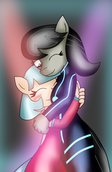 Size: 756x1155 | Tagged: safe, artist:mytatsur, coco pommel, octavia melody, earth pony, anthro, g4, blushing, clothes, crack shipping, cute, dress, female, hug, lesbian, ship:coctavia, shipping, smiling, suit, wink