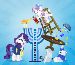 Size: 1100x951 | Tagged: safe, artist:pixelkitties, opalescence, rarity, sweetie belle, cat, pony, unicorn, g4, abstract background, balancing, bell, bits, blowtorch, bow, candle, cat bell, clothes, dreidel, female, filly, floppy ears, frown, hair bow, hair ornament, hanukkah, hoof hold, jew rarity, jewnicorn, judaism, kitchen sink, lidded eyes, menorah, open mouth, pyro belle, religion, religion in the comments, shocked, sink, skirt, sunburst background, sweater, sweetie fail, table, this will end in fire, this will end in tears, this will end in tears and/or death and/or covered in tree sap, unamused, wat, wide eyes