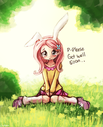 Size: 783x965 | Tagged: source needed, useless source url, safe, artist:lumineko, fluttershy, human, g4, blushing, bunny ears, clothes, crying, cute, dialogue, female, flattershy, get well soon, grass, humanized, looking at you, skirt, solo