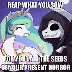 Size: 555x550 | Tagged: safe, princess celestia, g4, grim reaper, image macro, meme, scythe