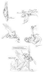 Size: 1000x1667 | Tagged: safe, artist:baron engel, rainbow dash, oc, oc:sky brush, pegasus, pony, g4, balloon, canon x oc, comic, female, grayscale, hot for teacher, kicking, male, mare, monochrome, nudity, pencil drawing, pole dancing, sheath, stallion, story in the source, stripper pole, traditional art, training, van halen