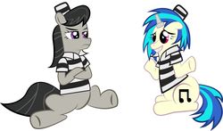 Size: 1202x706 | Tagged: safe, artist:spellboundcanvas, dj pon-3, octavia melody, vinyl scratch, g4, clothes, hat, horn, horn cap, magic suppression, prison outfit, prison stripes, prisoner octavia, prisoner vinyl