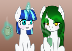 Size: 569x402 | Tagged: safe, artist:howlsinthedistance, oc, oc only, oc:alabaster moonrise, oc:souffle, pegasus, pony, unicorn, blowing, couple, eyeshadow, green eyeshadow, hot chocolate, makeup, smiling