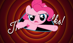 Size: 1920x1136 | Tagged: safe, edit, pinkie pie, g4, fourth wall, looney tunes, that's all folks