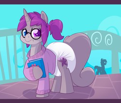 Size: 1280x1088 | Tagged: safe, artist:cuddlehooves, oc, oc only, oc:kitsuna, adorkable, book, clothes, cuddlehooves is trying to murder us, cute, diaper, dork, glasses, heterochromia, non-baby in diaper, poofy diaper, solo, squirrel tail, sweater