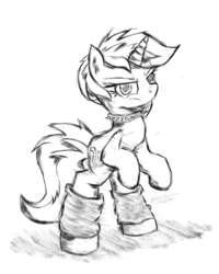 Size: 1600x2000 | Tagged: safe, artist:flutterthrash, lyra heartstrings, g4, collar, female, grayscale, leg warmers, looking at you, monochrome, punk, rearing, simple background, solo, spiked collar, white background