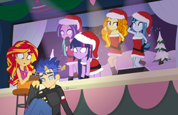 Size: 1930x1250 | Tagged: safe, artist:dm29, adagio dazzle, aria blaze, flash sentry, sonata dusk, sunset shimmer, twilight sparkle, equestria girls, g4, my little pony equestria girls: rainbow rocks, bare shoulders, blood, boombox, canterlot high, christmas, circling stars, clothes, concussion, frown, gritted teeth, hat, hearth's warming, jingle bell rock, mean girls, santa costume, santa hat, sleeveless, stage, strapless, tank top, twilight sparkle (alicorn), wide eyes