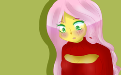 Size: 844x527 | Tagged: safe, artist:anael34gaby, fluttershy, human, g4, boob window, clothes, female, humanized, keyhole turtleneck, open-chest sweater, pony coloring, solo, sweater, sweatershy, turtleneck