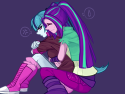 Size: 1024x768 | Tagged: safe, artist:hisshi shoujo, aria blaze, sonata dusk, equestria girls, g4, angry, blue background, duo, female, hug from behind, lesbian, pixiv, ship:arisona, shipping, simple background