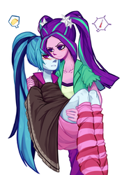 Size: 1920x2560 | Tagged: safe, artist:hisshi shoujo, aria blaze, sonata dusk, equestria girls, g4, blushing, bridal carry, duo, female, lesbian, pixiv, ship:arisona, shipping, sick, simple background, sonataco, taco, white background