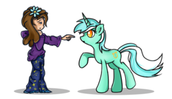 Size: 1137x656 | Tagged: safe, artist:flamevulture17, lyra heartstrings, human, pony, unicorn, g4, curious, duo, flower, flower in hair, imminent boop, looking at each other, no pupils, raised hoof, simple background, transparent background