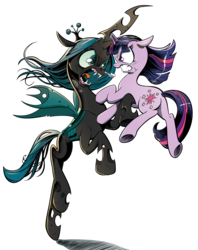 Size: 5000x6298 | Tagged: safe, artist:andy price, artist:mythilas, idw, queen chrysalis, twilight sparkle, changeling, changeling queen, pony, unicorn, g4, spoiler:comic, spoiler:comic04, absurd resolution, butt, eye contact, fangs, female, fight, floppy ears, glare, gritted teeth, open mouth, plot, simple background, snorting, transparent background, underhoof, unicorn twilight, vector