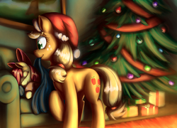 Size: 2966x2132 | Tagged: safe, artist:otakuap, apple bloom, applejack, g4, adorabloom, blanket, christmas, christmas tree, couch, cute, eyes closed, hat, hearth's warming eve, high res, mouth hold, present, raised hoof, santa hat, shadow, smiling, tree
