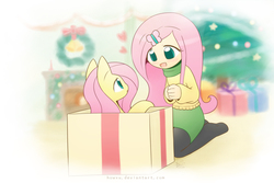 Size: 2250x1500 | Tagged: safe, artist:howxu, fluttershy, human, pony, g4, christmas, christmas tree, christmas wreath, clothes, cute, duo, fireplace, holiday, howxu is trying to murder us, human ponidox, humanized, pony in a box, present, scarf, shyabetes, stockings, sweater, sweatershy, tree, wreath