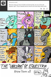 Size: 991x1495 | Tagged: safe, artist:ttturboman, lyra heartstrings, princess cadance, spitfire, zecora, changeling, earth pony, hippogriff, pegasus, pony, unicorn, zebra, ask blueblood, g4, ask, cowboy hat, ear piercing, earring, female, goggles, hat, jewelry, male, mare, neck rings, op is a duck, out of character, piercing, political cartoon, racism, royal guard, stallion, stan kelly, the onion, top hat, tumblr, unicorn master race