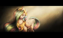 Size: 1300x800 | Tagged: dead source, safe, artist:ventious, princess celestia, alicorn, pony, g4, crepuscular rays, female, hair over one eye, letterboxing, lidded eyes, mare, smiling, solo