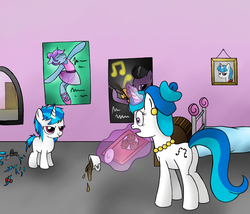 Size: 7000x6000 | Tagged: safe, artist:lulu-fong, dj pon-3, vinyl scratch, g4, absurd resolution, alternate hairstyle, ballerina, ballet, clothes, cookie, female, filly, filly vinyl scratch, haircut, jaw drop, mother, mother and child, mother and daughter, rebel, rebellion, scissors, shocked, tea, teacup, tutu, younger