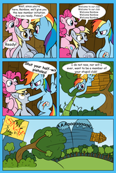 Size: 1200x1797 | Tagged: safe, artist:corina93, derpy hooves, pinkie pie, rainbow dash, pegasus, pony, g4, annoyed, club spongebob, comic, female, mare, parody, reference, spongebob squarepants, this will not end well, treehouse