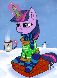 Size: 2616x3578 | Tagged: safe, artist:dombrus, twilight sparkle, pony, g4, bundled up for winter, clothes, female, high res, horn, horn sock, hot chocolate, socks, solo, striped socks, sweater