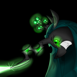 Size: 2048x2048 | Tagged: safe, artist:briarspark, queen chrysalis, changeling, changeling queen, g4, angry, female, glowing eyes, glowing horn, grin, high res, horn, magic blast, pixiv, profile, sharp horn, solo