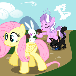 Size: 1653x1653 | Tagged: safe, artist:magerblutooth, angel bunny, diamond tiara, fluttershy, oc, oc:dazzle, cat, g4, cloud, cloudy, ice cream, imminent fight