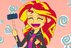 Size: 352x240 | Tagged: safe, artist:toonalexsora007, sunset shimmer, equestria girls, g4, :d, animated, bleach (manga), blushing, eyes closed, female, hammer, inoue orihime, leek spin, open mouth, parody, pixel art, sledgehammer, smiling, solo