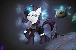 Size: 2250x1500 | Tagged: safe, artist:swordflash4, rarity, g4, clothes, coffee, feather, female, magic, solo