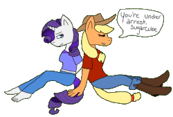 Size: 732x496 | Tagged: safe, artist:skyfaii, applejack, rarity, anthro, plantigrade anthro, g4, angry, arrested, barefoot, belly button, boots, duo, feet, gif, hand, hands behind back, midriff, non-animated gif, smiling